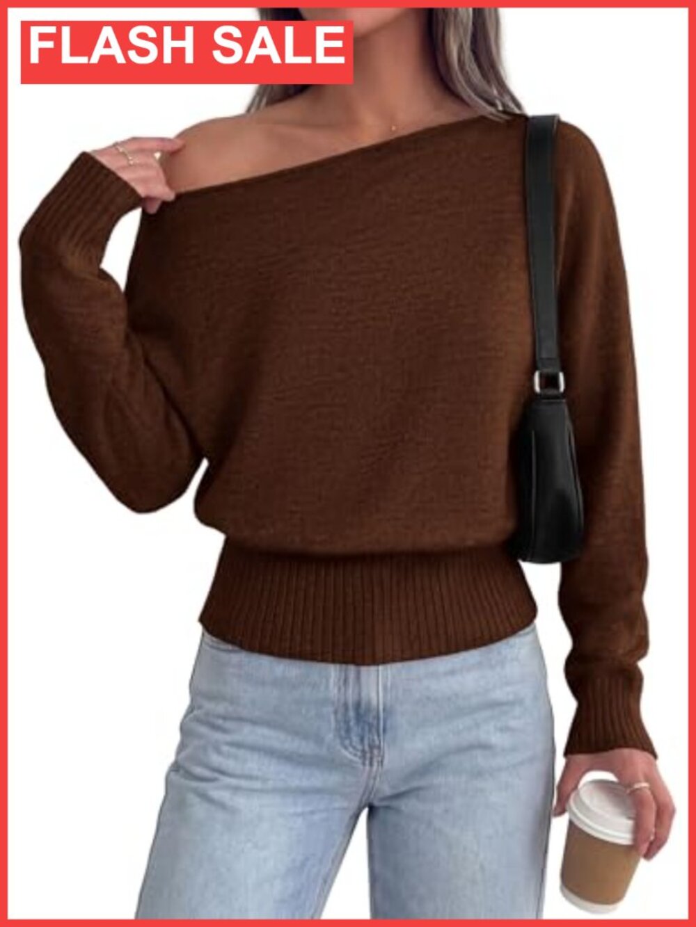 Off The Shoulder Sweater Asymmetrical Neck Batwing Sleeve Cinched Waist Pullover